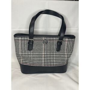 Gianini Bernini Houndstooth Woven Plaid Tote Bag Black White Shoulder Purse USED